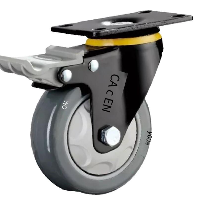 3 Inch Flat Bottom Plastic Double Brake Dark Gray Polyurethane (pu) Caster Medium Universal Wheel 4 Sets / Set