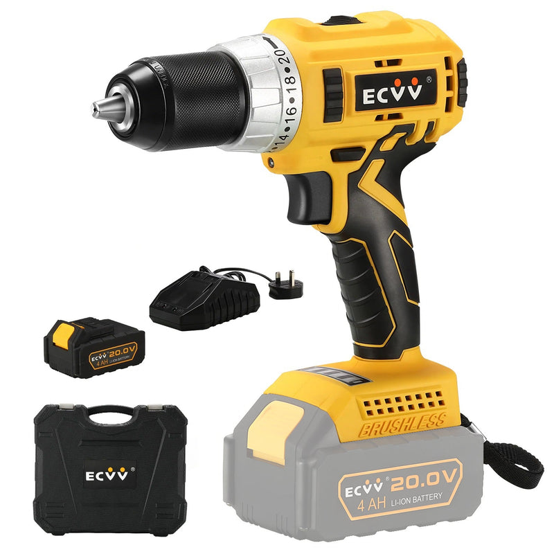 ECVV Cordless Drill Driver Kit 80Nm Torque 20V Brushless Driver 2-Variable Speed with Fast Charger 13mm Metal Chuck for Fastening and Drilling
