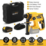 ECVV Rotary Hammer Brushless Cordless Hammer Drill Kit Heavy Duty SDS-Plus 20 Volt with 4 Operation Modes, Safety Clutch,Includes 2 x 4Ah Lithium-Ion Batteries 360°Rotating Auxiliary Handle for Concrete, Metal & Wood Drilling
